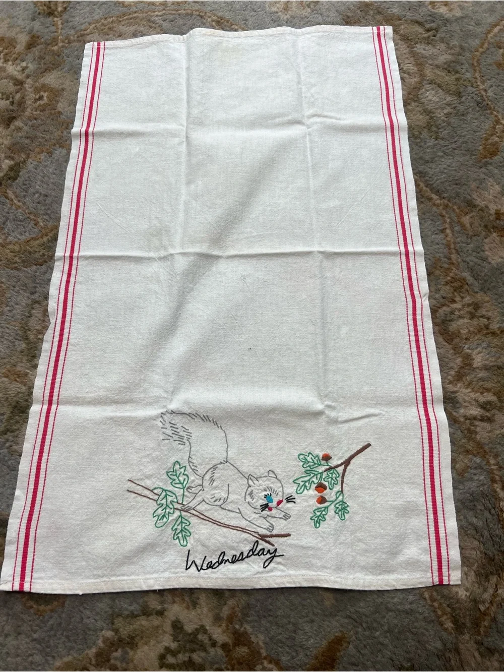 Embroidered Day-of-Week Kitchen Towels - Bird & Squirrel Motifs,‎ White